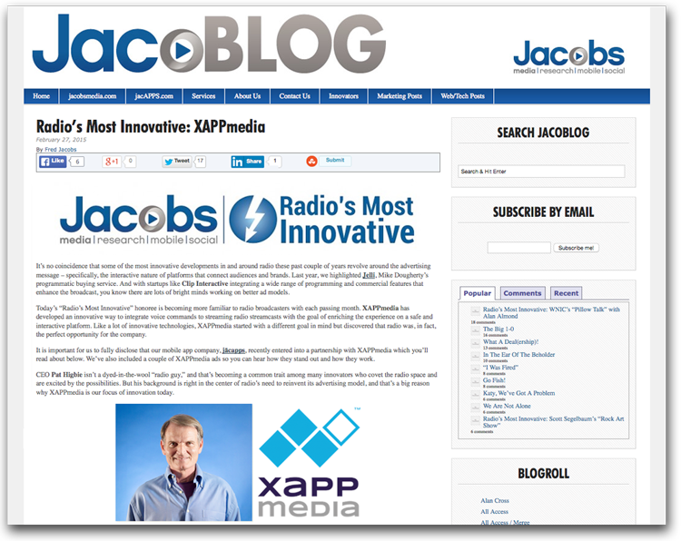 Jacobs Media Names XAPPmedia Radio's Most Innovative