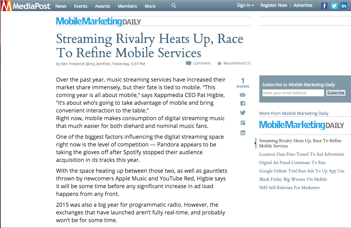 MediaPost features Pat Higbie on Streaming Music Rivalry
