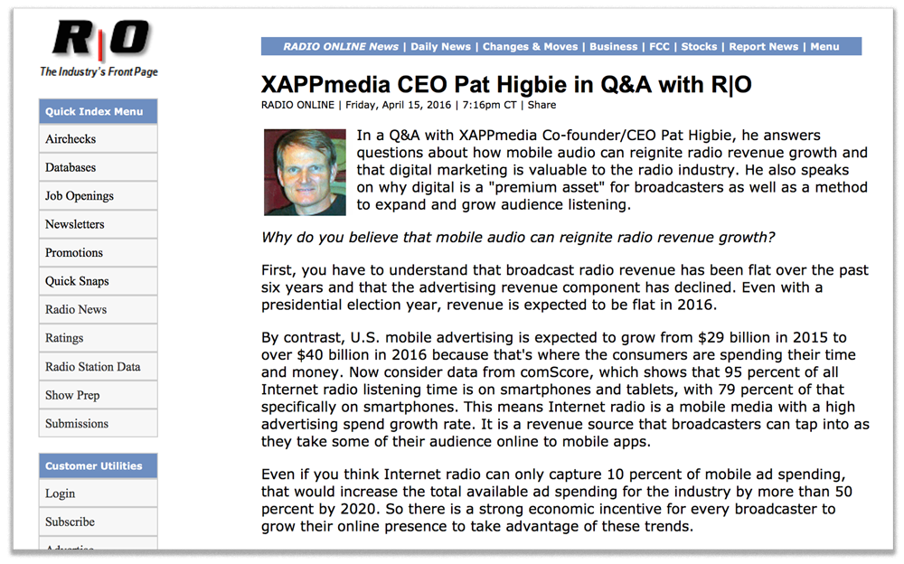 Radio Online Q&A with Pat Higbie of XAPPmedia