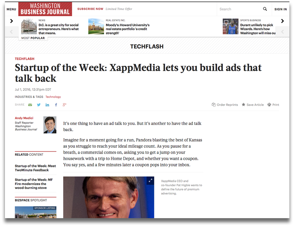 Washington Business Journal Features XAPPmedia